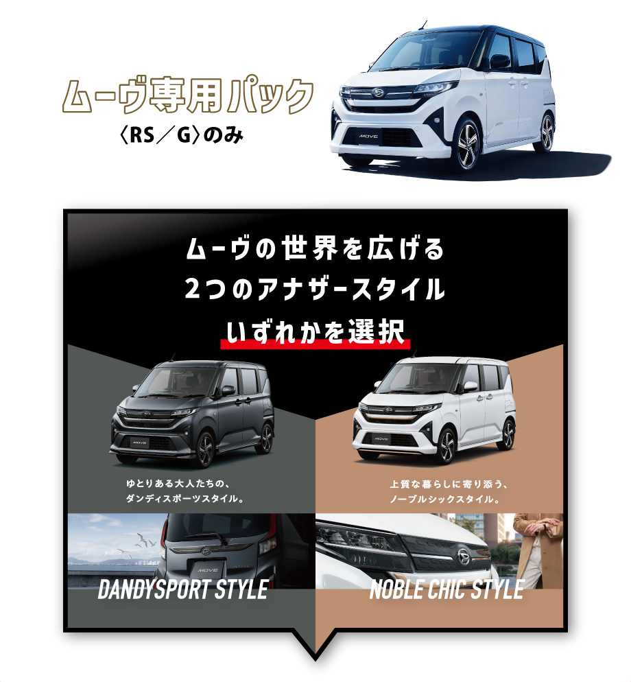 ムーヴ(RS／G)専用のカーライフスターティングパック、まずはムーヴの世界を広げる2つのアナザースタイル『ダンディスポーツスタイル』、『ノーブルシックスタイル』のいずれかのスタイルを選択。