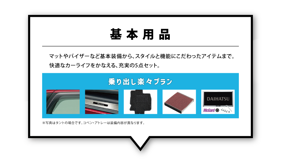 基本用品／乗り出し楽々プラン（マットやバイザーなど基本装備から、スタイルと機能にこだわったアイテムまで。快適なカーライフをかなえる、充実の5点セット。）