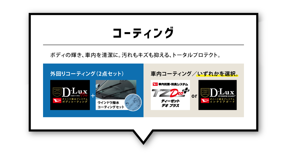 コーティング／ボディの輝き、車内を清潔に。汚れもキズも抑える、トータルプロテクト。〈外回りデラックスコーティングプロ&ウインドゥ撥水コーティングセット〉／社内〈ティーゼットデオプラスかデラックスインテリアガードを選択。〉