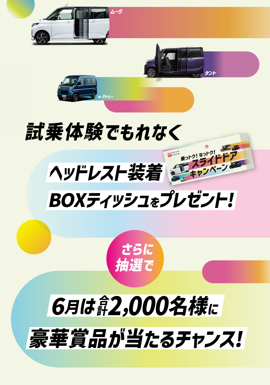 試乗体験でもれなく「ヘッドレスト装着BOXティッシュ」プレゼント!!さらに抽選で2,000名様に豪華賞品のチャンス!!