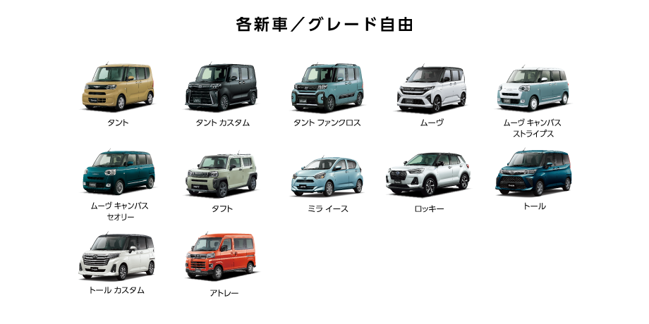 ダイハツ全乗用車＋アトレー対象：ムーヴ／タント／タント カスタム／タント ファンクロス／ムーヴ キャンバス ストライプス／ムーヴ キャンバス セオリー／タフト／ミラ イース／コペン／ロッキー／トール／トール カスタム／アトレー